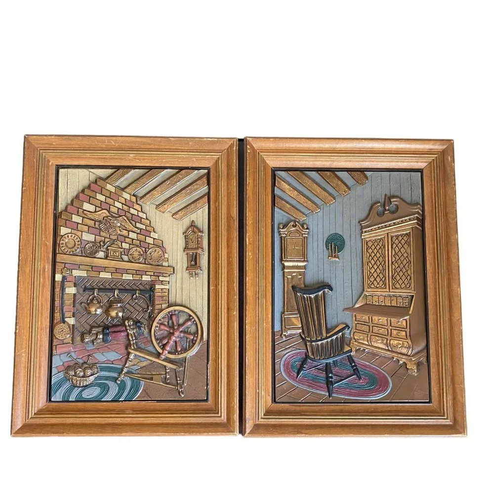 Vintage Hand Colored Turner Accessory Early American Scene 3D Wall Hangings Set - Picture 2 of 16